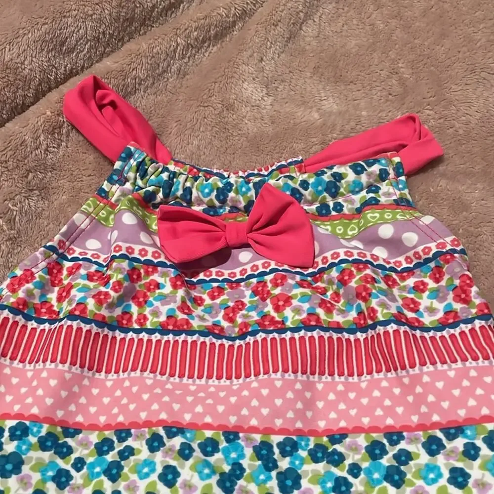 Foatimini 6 pink striped ruffled at waistline one pice swimsuit euc